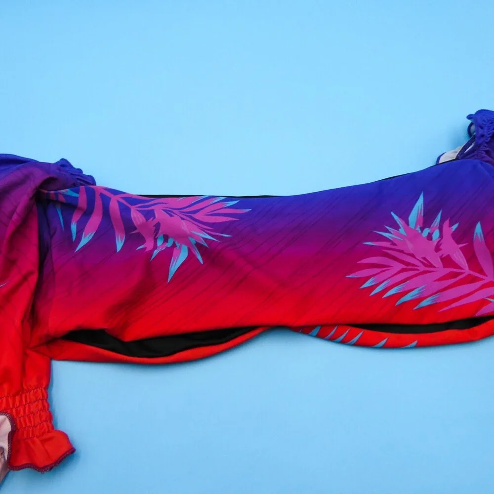 B Fyne XL Blue Red Floral Off The Shoulder‎ Ruffle Cropped Bikini Top Swimwear